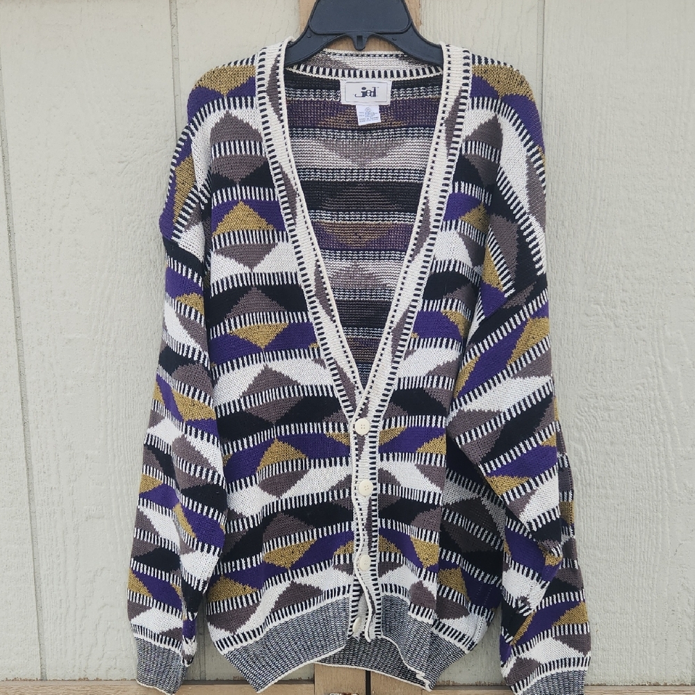 Jed Vintage 80s Coogi Style Knit Grandpa Colorful Cardigan Medium Geo Print‎